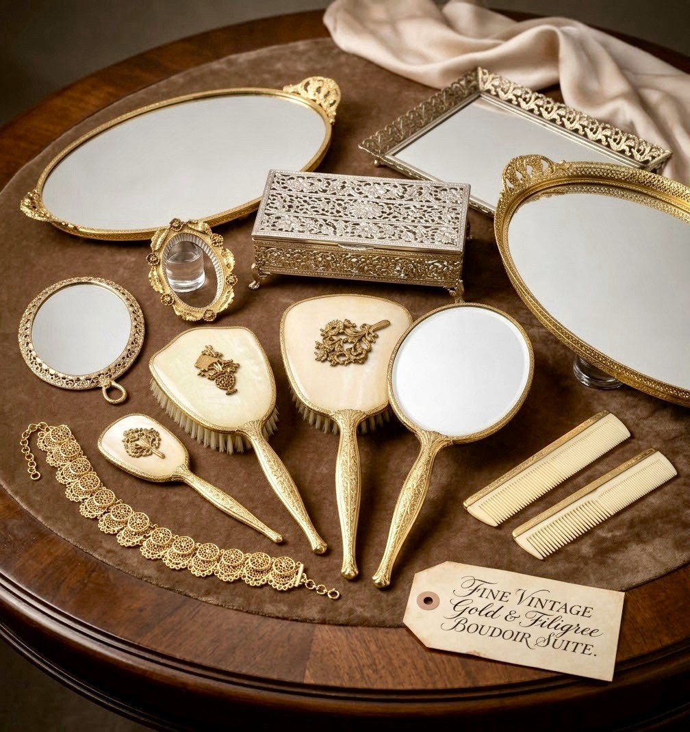 Vintage Gold Filigree Boudoir Vanity Set w/ Mirrors Brushes Combs & Box Vintage Gold Filigree Boudoir Vanity Set w/ Mirrors Brushes Combs & Box