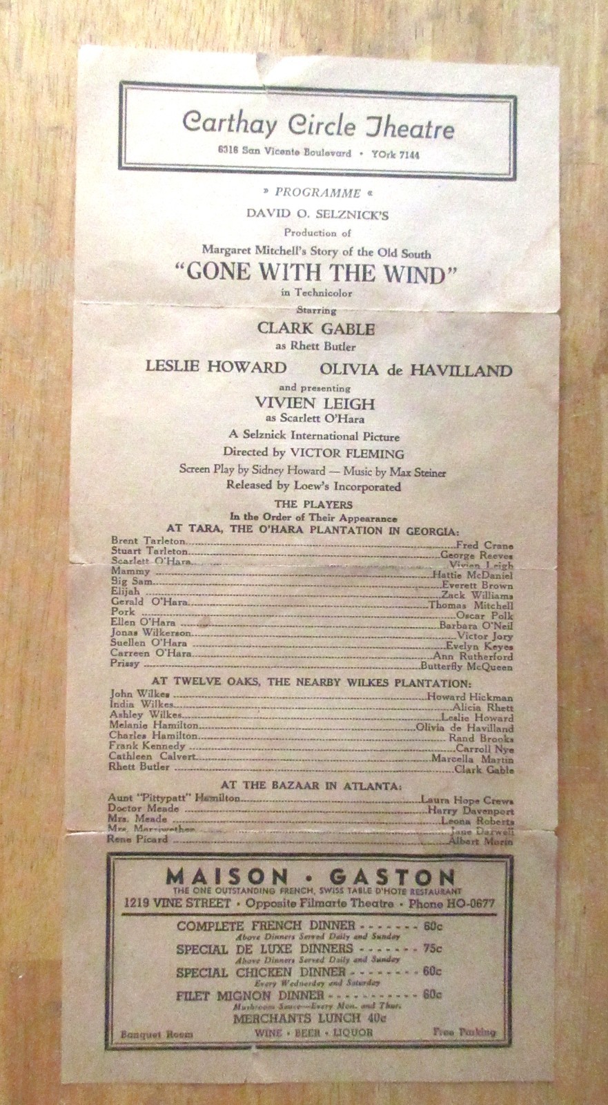 Gone with the Wind Premier Engagement Carthay Circle Theatre Progamme 1939