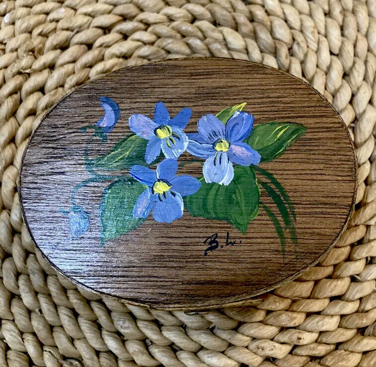 Vintage Floral Hand Painted Violets Oval Wooden Shaker Box Signed by Artist