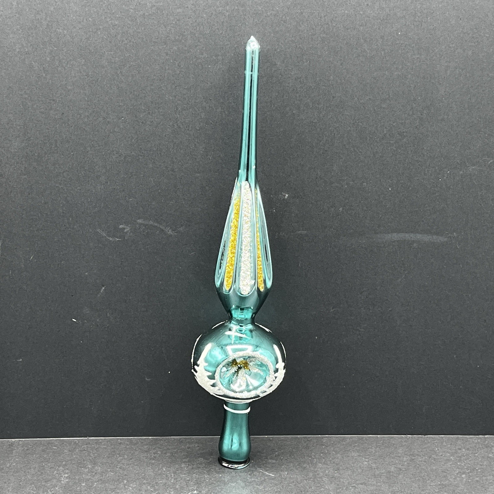 Vtg Mercury Glass Triple Indent Reflector Emerald Teal Mica Snow 10.5" Topper Vtg Mercury Glass Triple Indent Reflector Emerald Teal Mica Snow 10.5" Topper