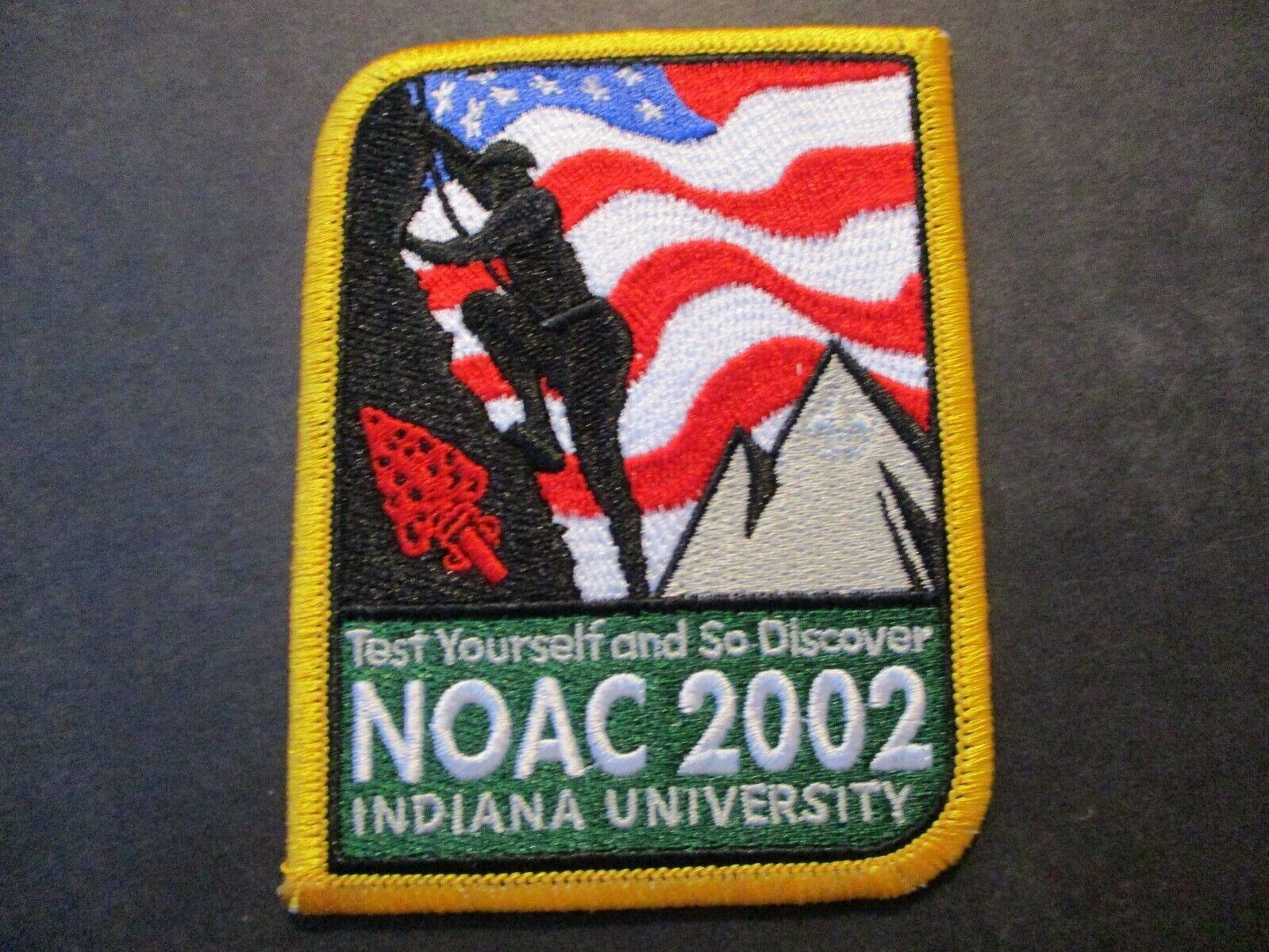 2002 Noac Test Yourself and So Discover Indiana University BSA boy scout patch