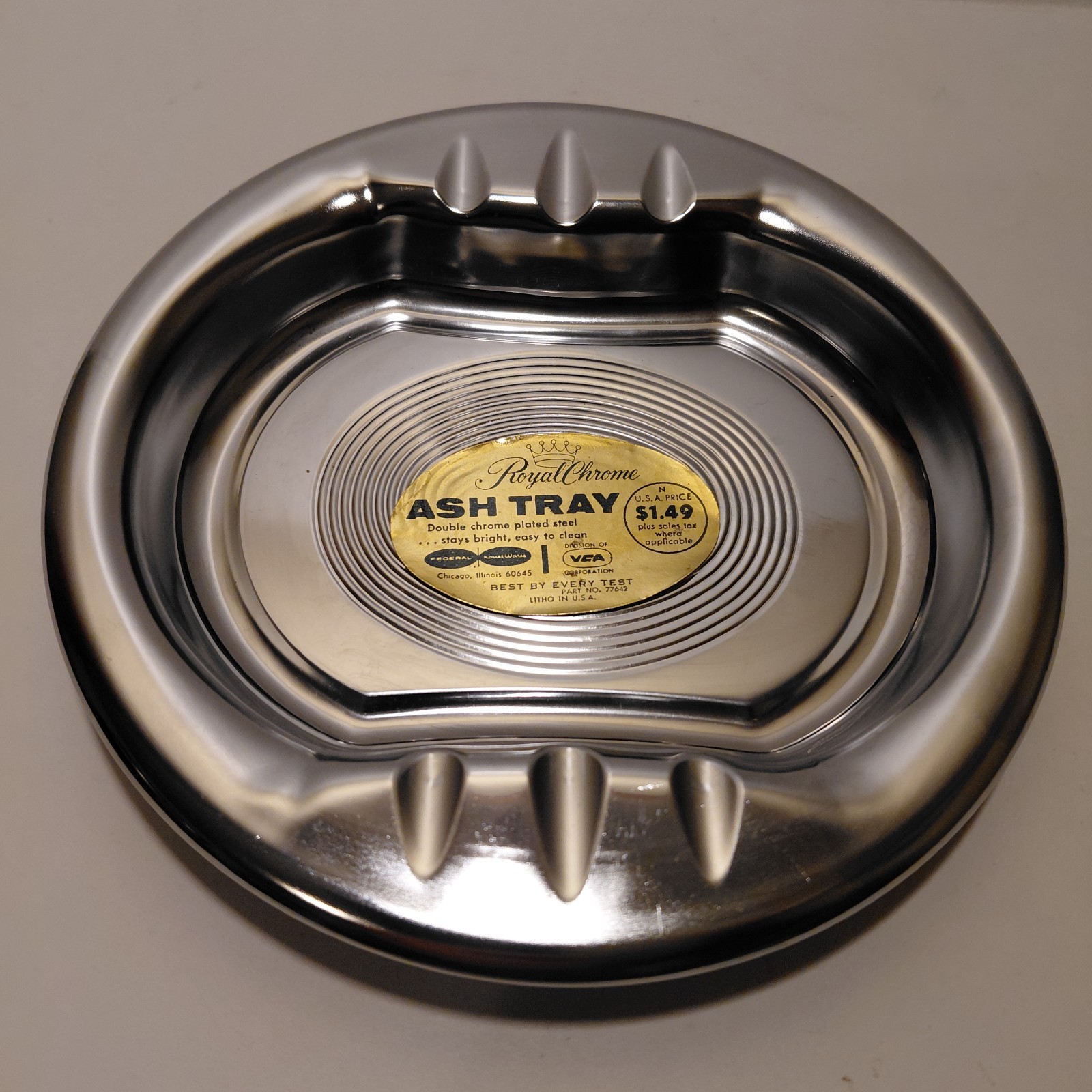 New Old Stock Vintage Royal Chrome 7" Round Metal Ashtray - Part Number 77642