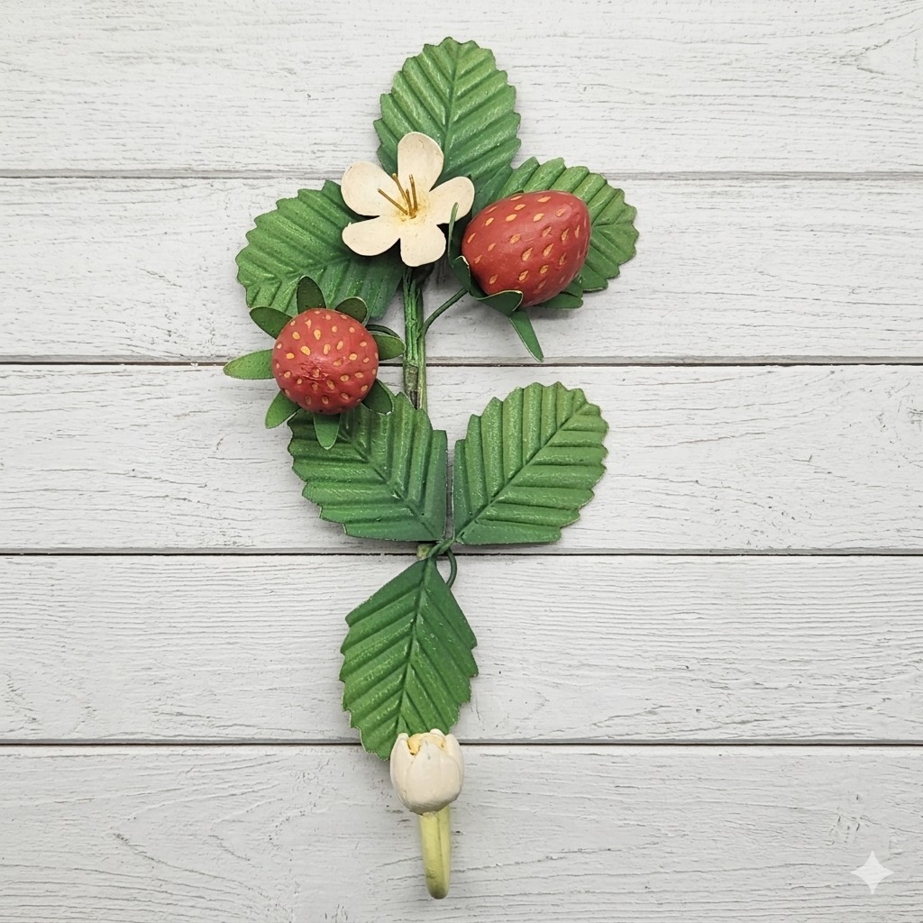 Tole Strawberry Fruit Wall Hook Toleware White Flower Farmhouse Cottagecore 8"