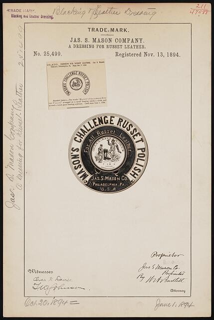Jas S Mason Company 1894 Trade-Mark Russet Leather Polish Philadelphia USA Jas S Mason Company 1894 Trade-Mark Russet Leather Polish Philadelphia USA