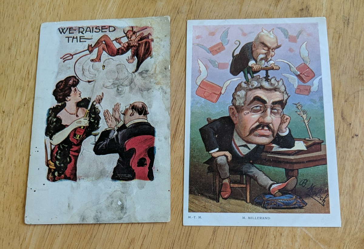 Corkscrew Postcard Vtg lot x2 Devil French political Humor embossed undivided Corkscrew Postcard Vtg lot x2 Devil French political Humor embossed undivided
