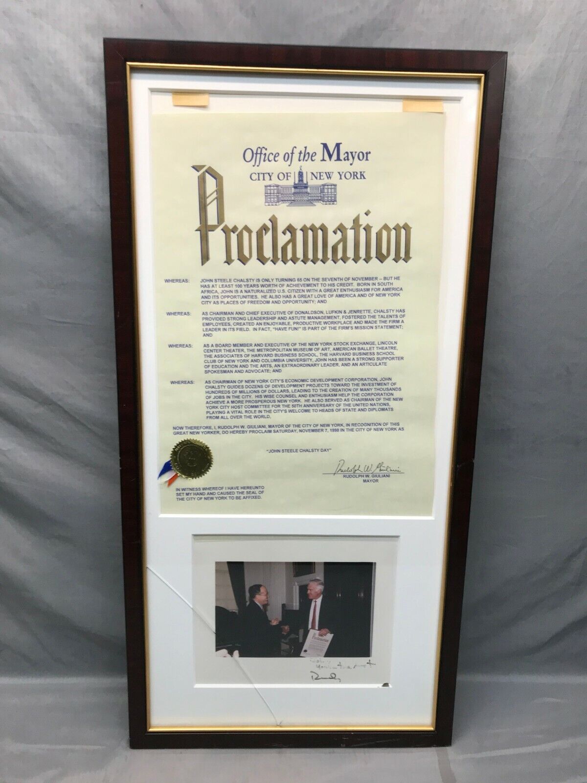 Mayor Rudy Giuliani Official City Of New York Proclamation Signed Signature