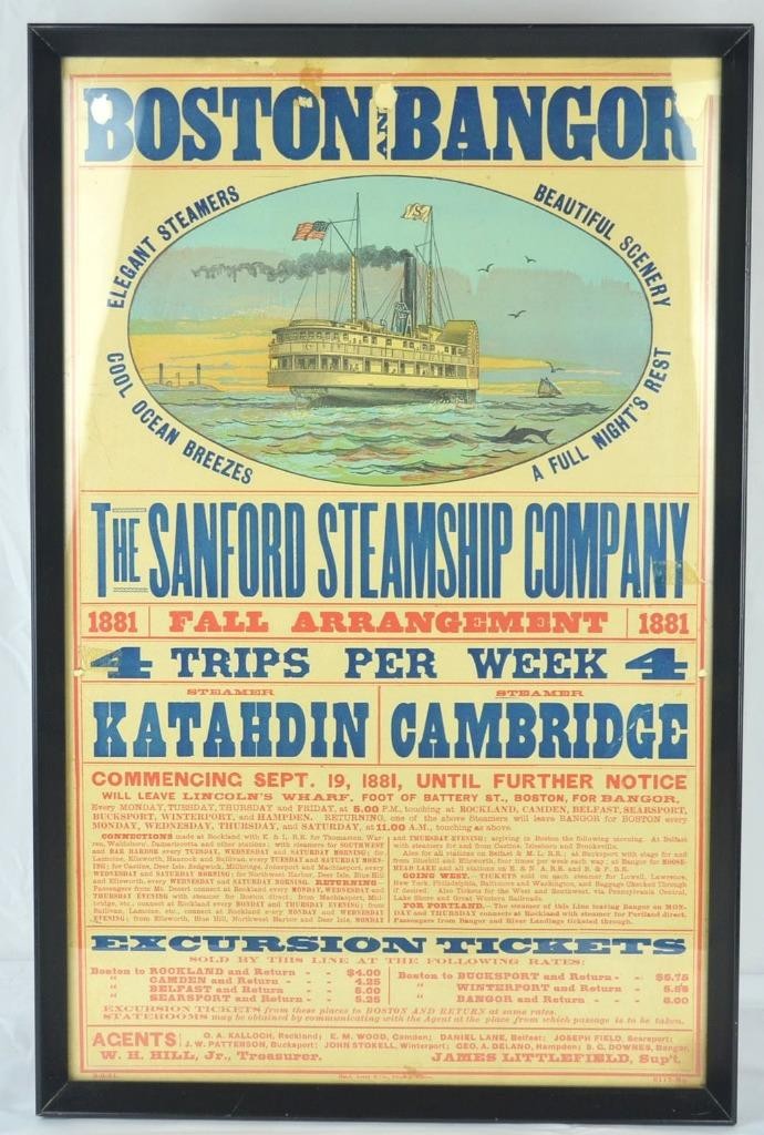 RARE FRAMED 1881 BOSTON & BANGOR SANFORD STEAMSHIP CO. BROADSIDE POSTER - 23" HT
