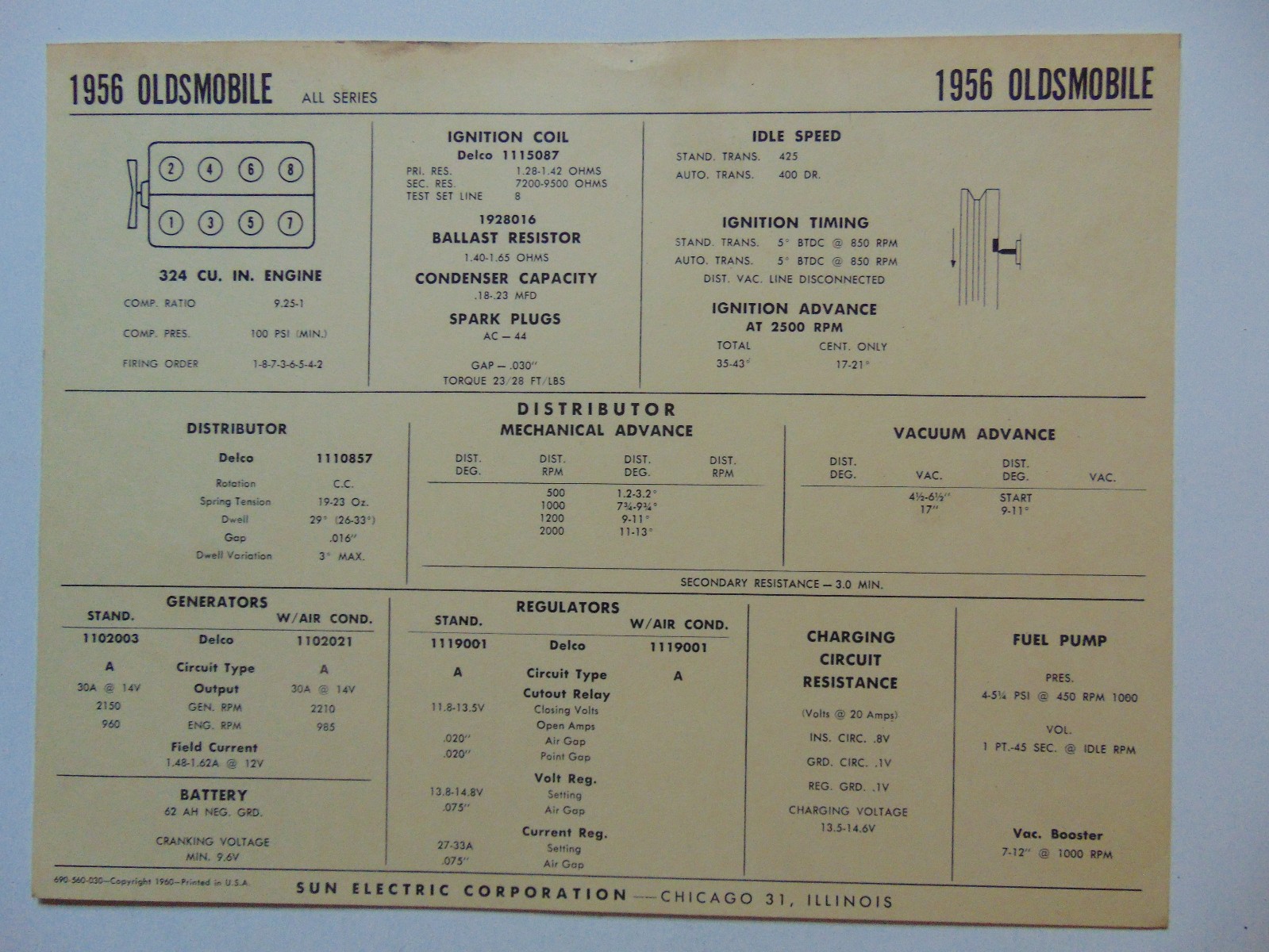 Sun Electric Corp 1956 Oldsmobile V8 Tune-Up Card