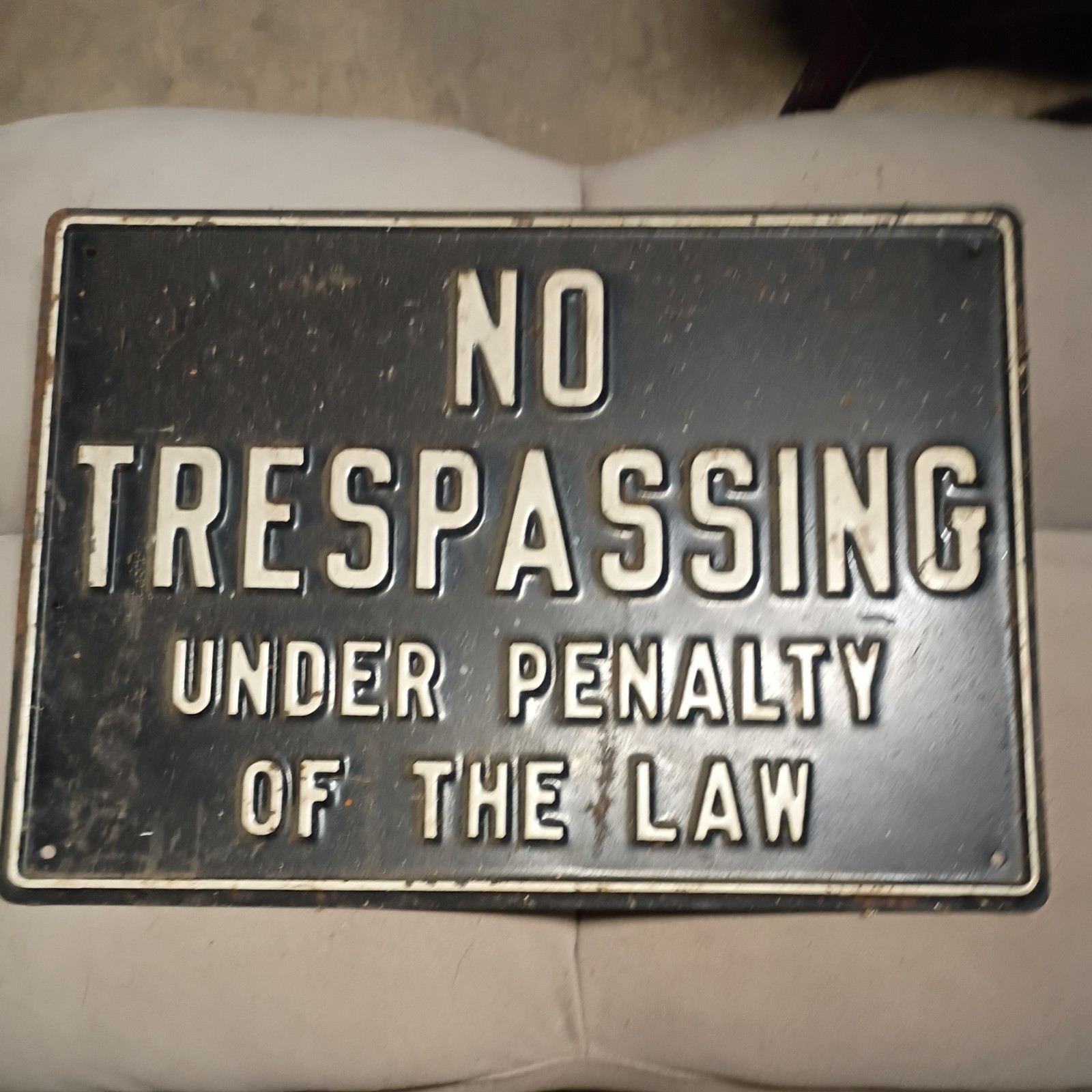 Vintage 1940’sEmbossed heavy metal NO TRESPASSING UNDER PENALTY OF THE LAW SIGN Vintage 1940’sEmbossed heavy metal NO TRESPASSING UNDER PENALTY OF THE LAW SIGN