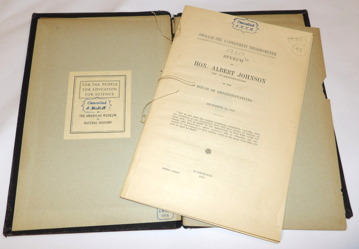 VINTAGE 1916 BOOK "ABOLISH THE FAHRENHEIT THERMOMETER" SPEECH OF ALBERT JOHNSON