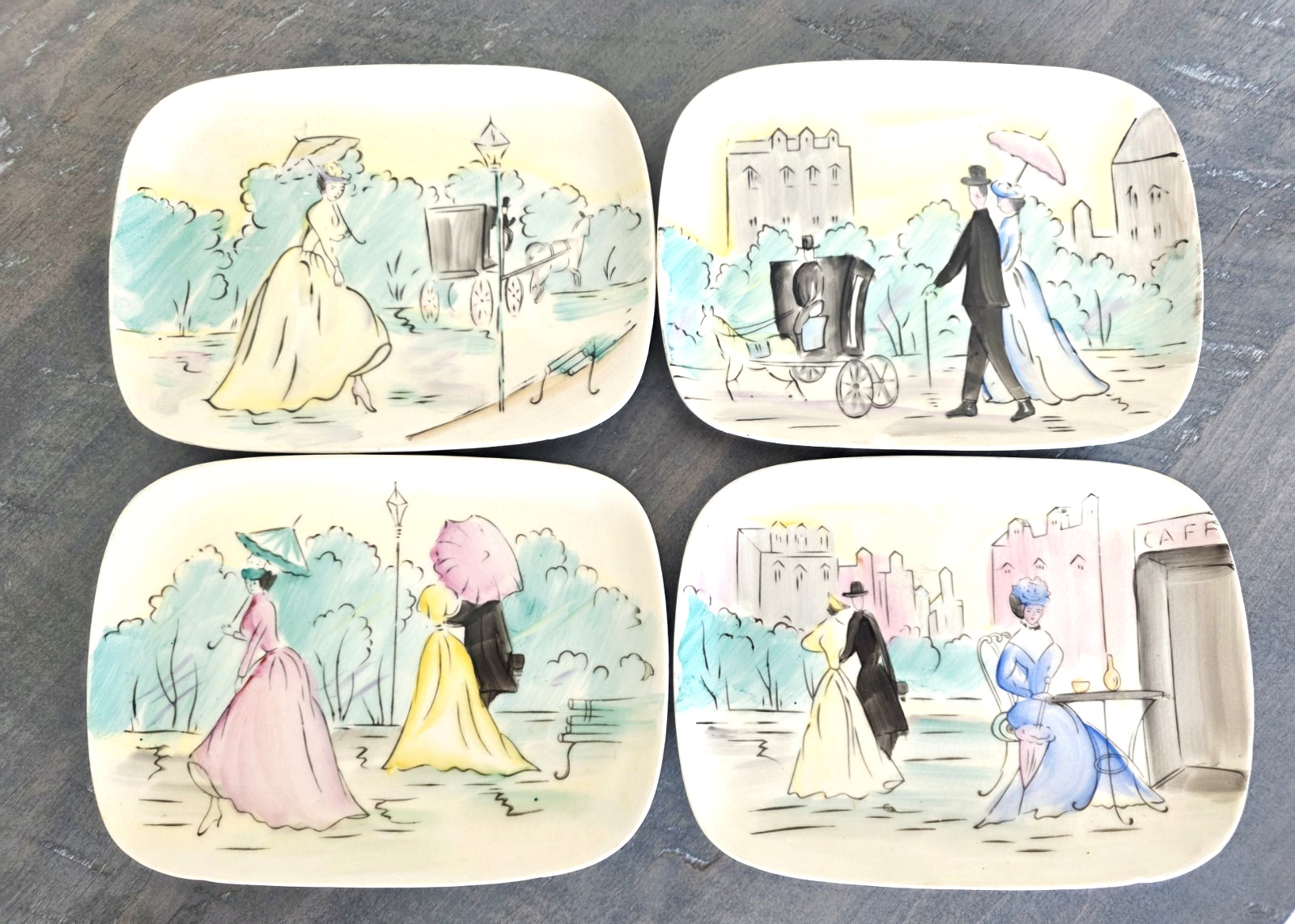 Vintage Hand Painted Ceramic Plates Lot 4 Paris Fashion Mid Century 5in x 7in Vintage Hand Painted Ceramic Plates Lot 4 Paris Fashion Mid Century 5in x 7in