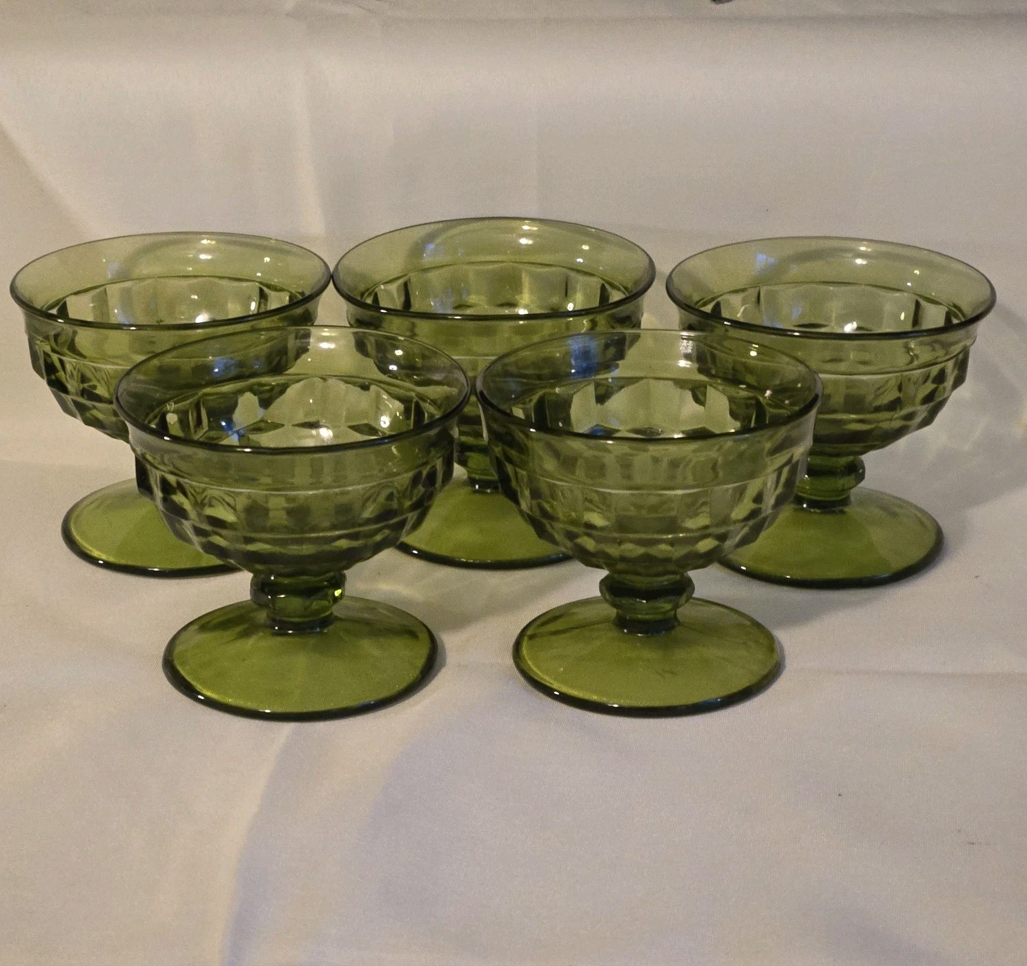 5 VTG Indiana Glass Avocado Olive Green Whitehall Sherbet Dessert Footed Cups 5 VTG Indiana Glass Avocado Olive Green Whitehall Sherbet Dessert Footed Cups