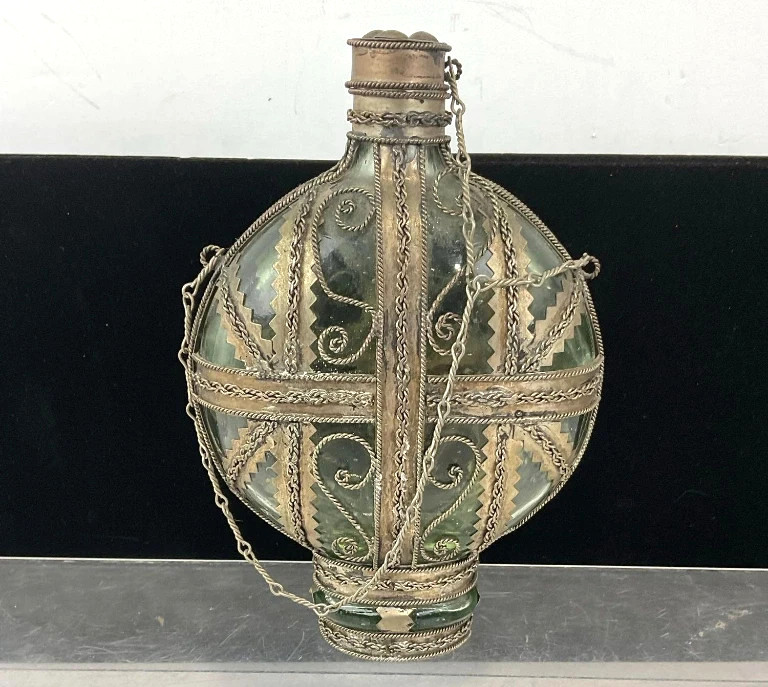 Antique Islamic Green Glass Bottle Flask Antique Islamic Green Glass Bottle Flask