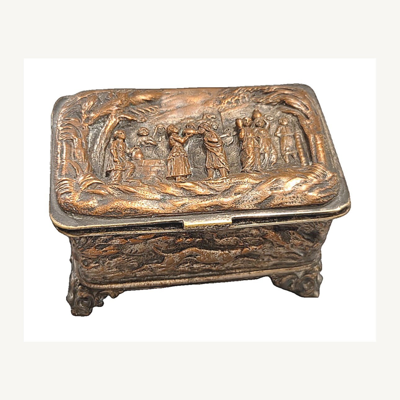 Antique 19thC French Napoleon III Bronze Jewelry Box Biblical Hunting Scene Antique 19thC French Napoleon III Bronze Jewelry Box Biblical Hunting Scene