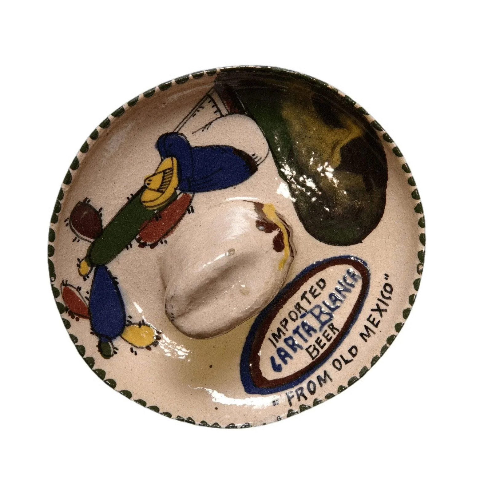 c1940 Tlaquepaque Mexican Folk Pottery Carta Blanca Beer Advertising Ashtray Som c1940 Tlaquepaque Mexican Folk Pottery Carta Blanca Beer Advertising Ashtray Som