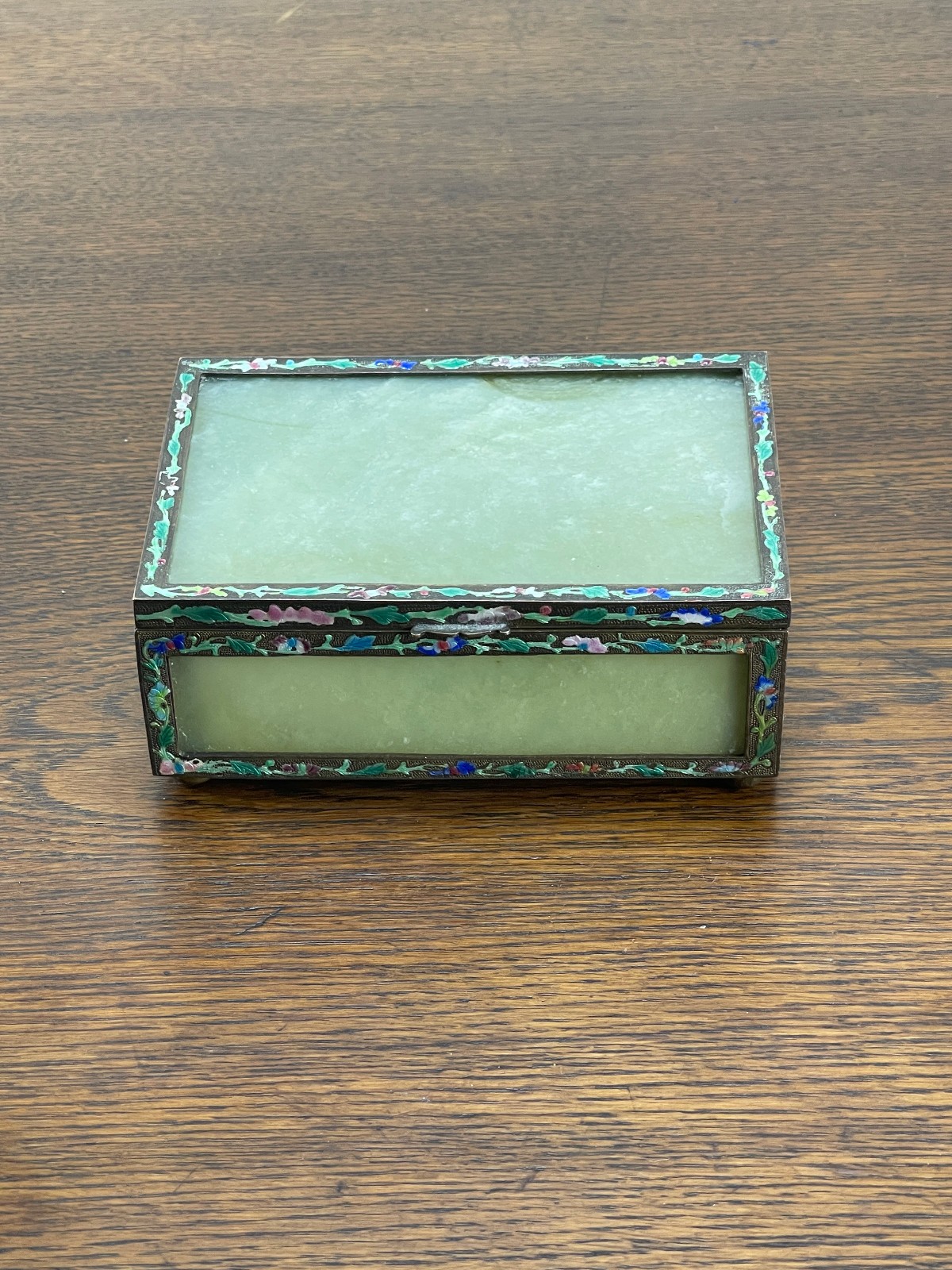 Vintage Old Chinese Jade Stone Brass Enamel Jewelry Trinket Lidded Box China Vintage Old Chinese Jade Stone Brass Enamel Jewelry Trinket Lidded Box China