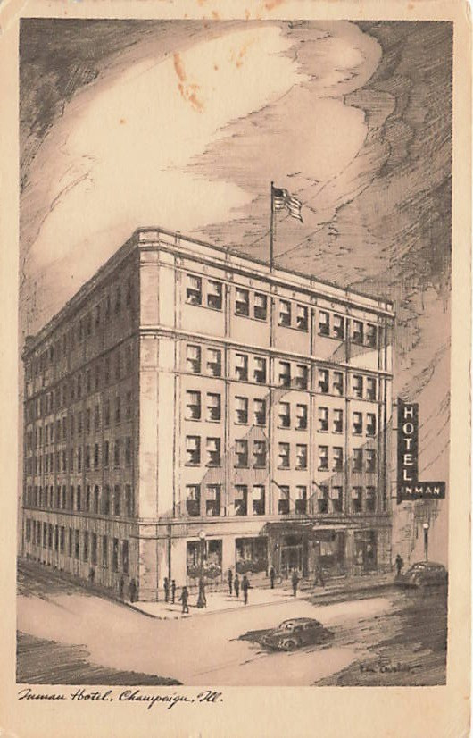 Postcard IL: Inman Hotel, Champaign, Illinois 1947, Sketch Postcard IL: Inman Hotel, Champaign, Illinois 1947, Sketch
