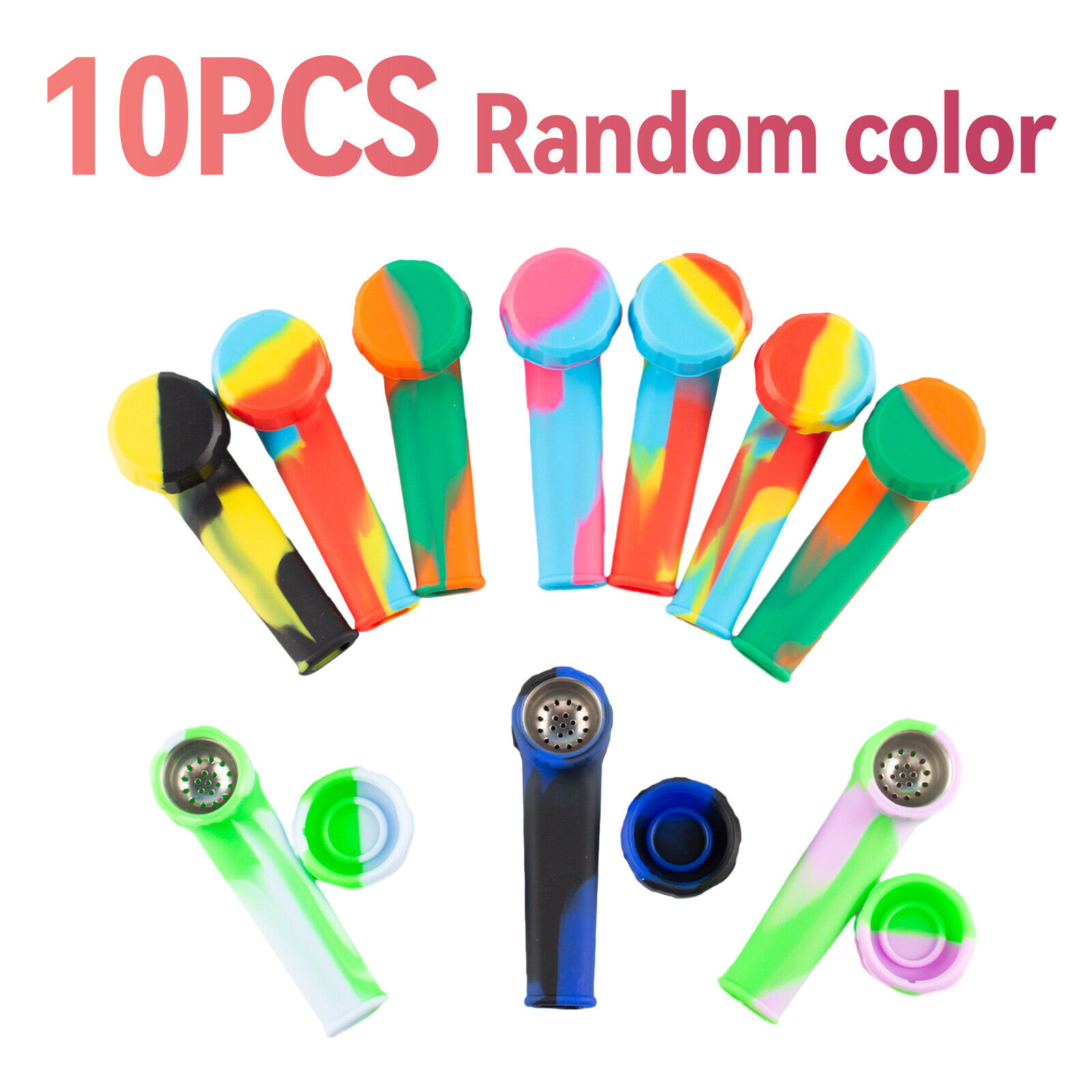 10pc 3.4'' Mini Silicone Smoking Hand Pipe with Metal Bowl &Cap Lid Pocket Pipe/