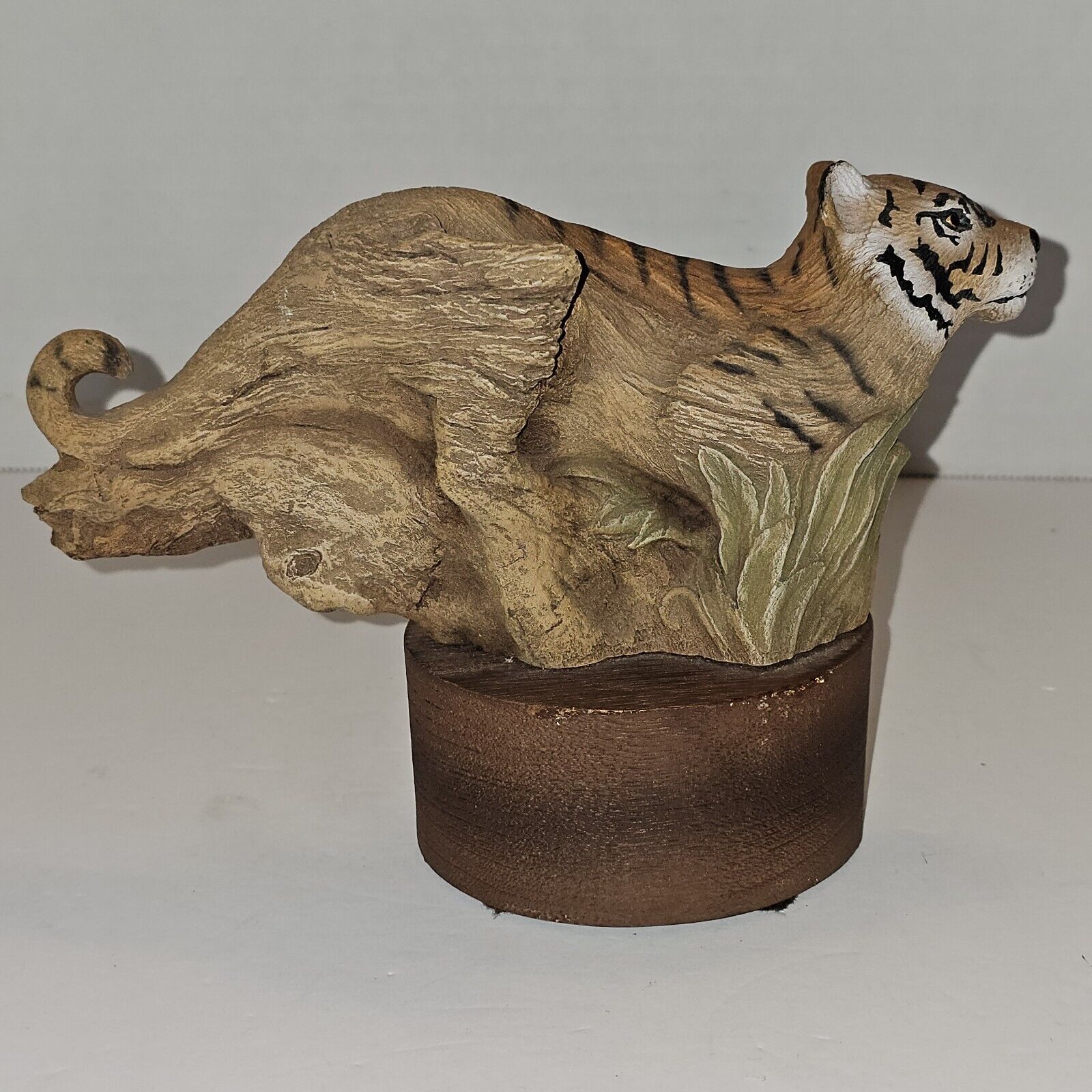 Rick Cain Carved Wood-like Tiger Sculpture \