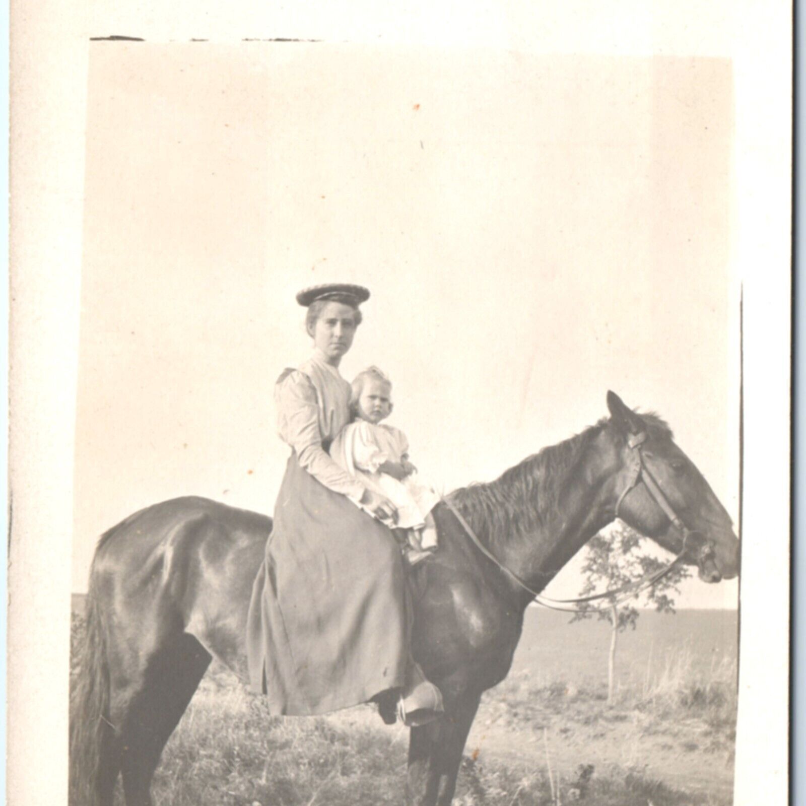 c1910s Beautiful Mother & Baby Girl on Horse RPPC Lovely Woman Hat Photo A139