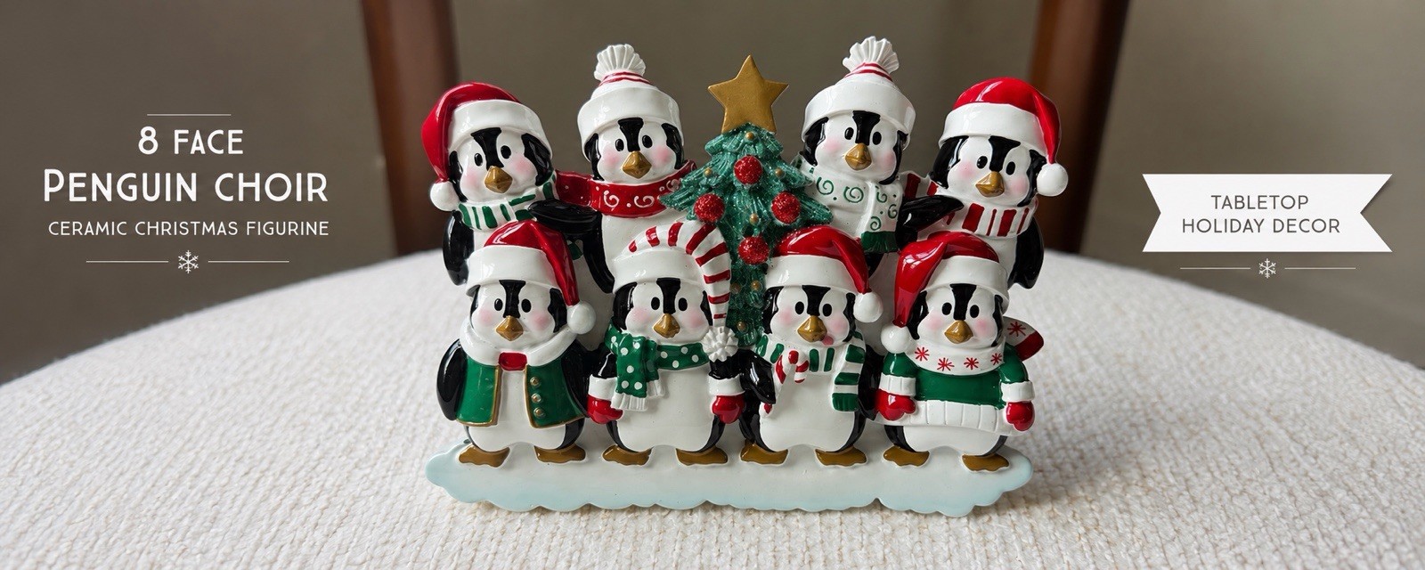 8 Penguin Christmas Tabletop Figurine with Tree Holiday Winter Decor