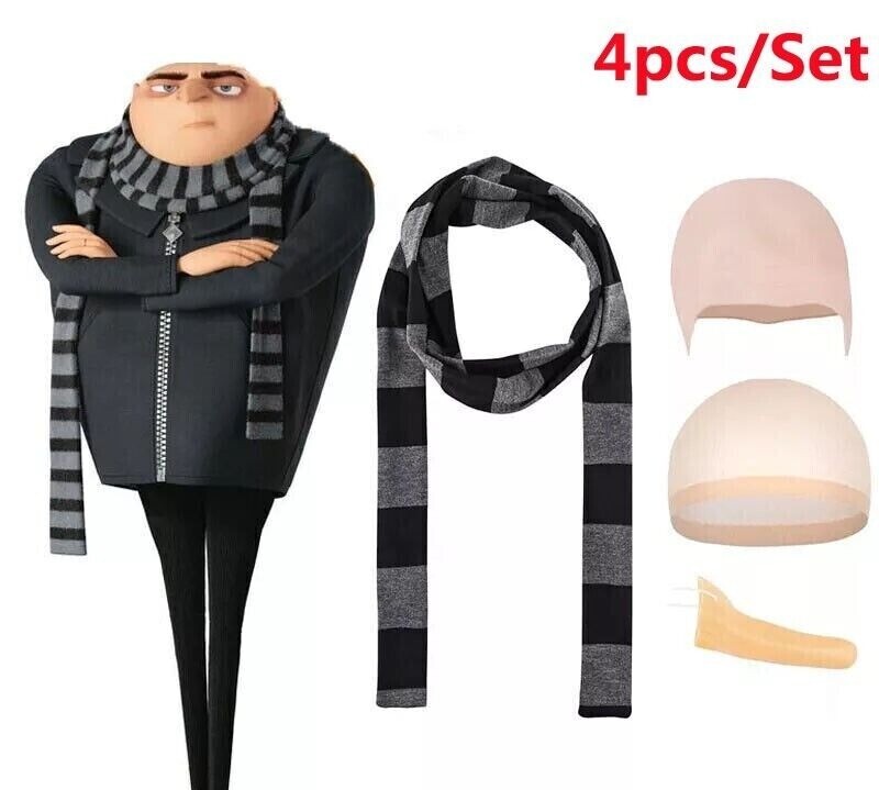 Despicable Me Gru Halloween Cartoon Cosplay Costume Bald Cap Scarf Nose 4Pcs Despicable Me Gru Halloween Cartoon Cosplay Costume Bald Cap Scarf Nose 4Pcs