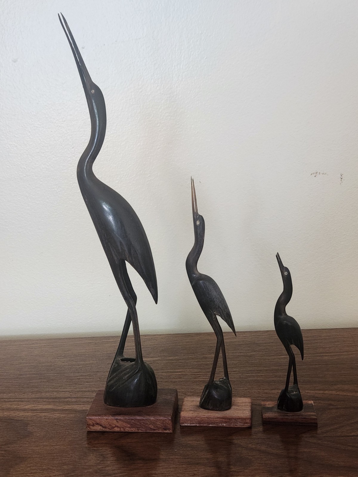 3 Vintage Hand Carved Solid Wood Crane Egret Heron 15", 9-1/2" and 6-1/2" Tall 3 Vintage Hand Carved Solid Wood Crane Egret Heron 15", 9-1/2" and 6-1/2" Tall