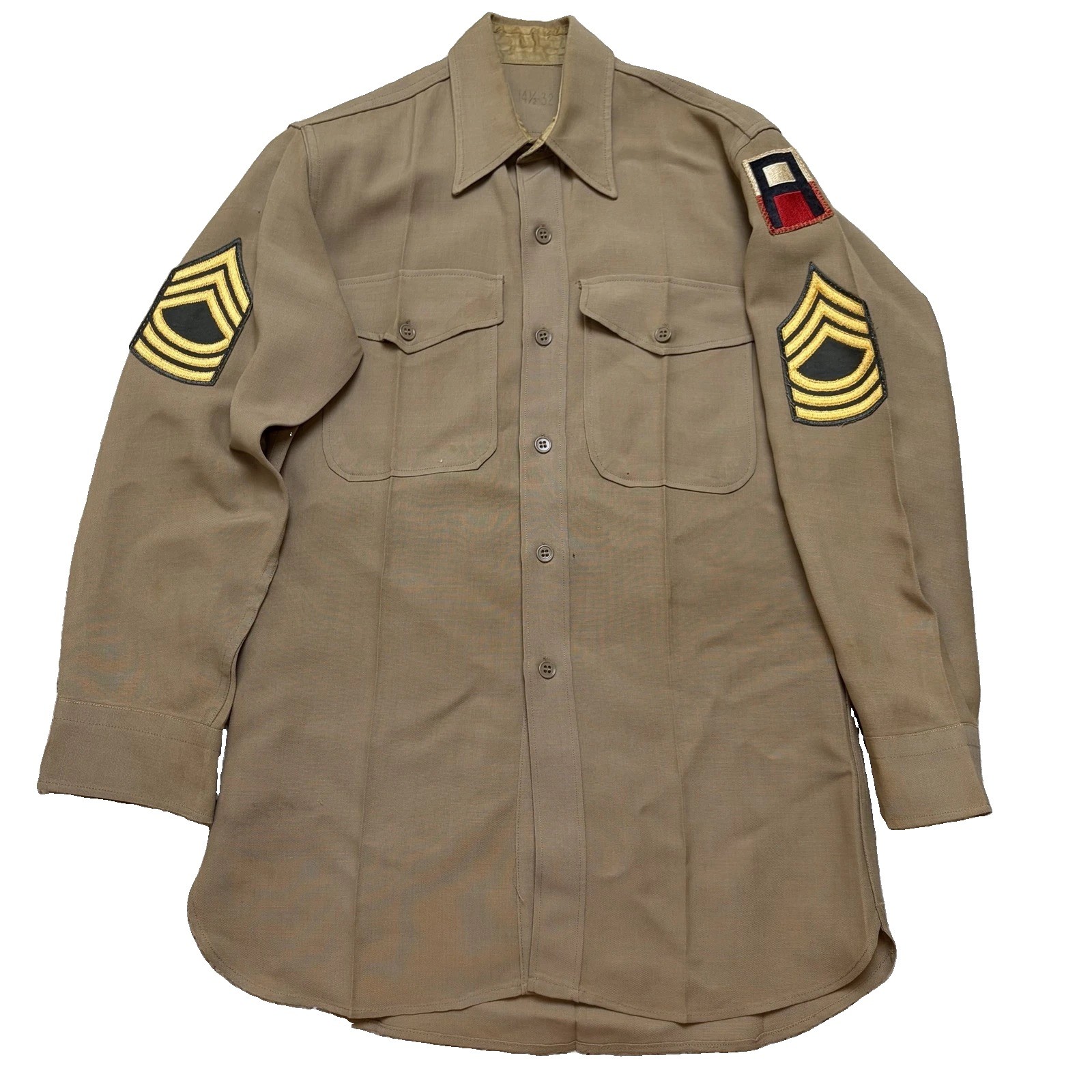 Vintage WWII US Army Shirt Mens 14.5x32 Khaki Master Sergeant Patch Uniform Vintage WWII US Army Shirt Mens 14.5x32 Khaki Master Sergeant Patch Uniform