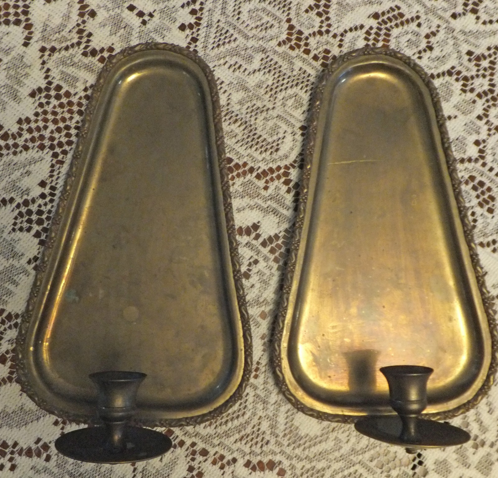 Antique Solid Brass Wall Candle Sconces w/ Ornate Trim Antique Solid Brass Wall Candle Sconces w/ Ornate Trim