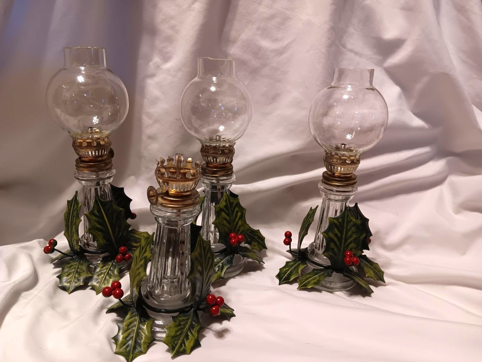 Vtg Xmas Glass Miniature Huricane Oil Lamp Set Vtg Xmas Glass Miniature Huricane Oil Lamp Set