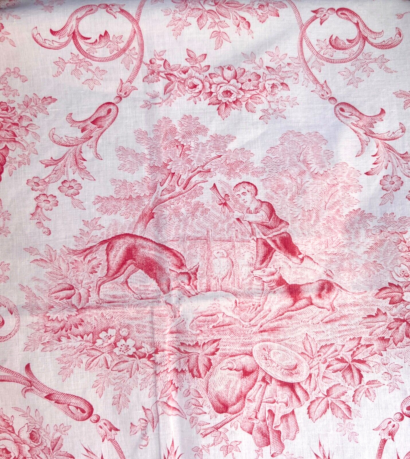 Antique 19th C French Toile Floral Fabric Faded Raspberry Red Valentine\'s