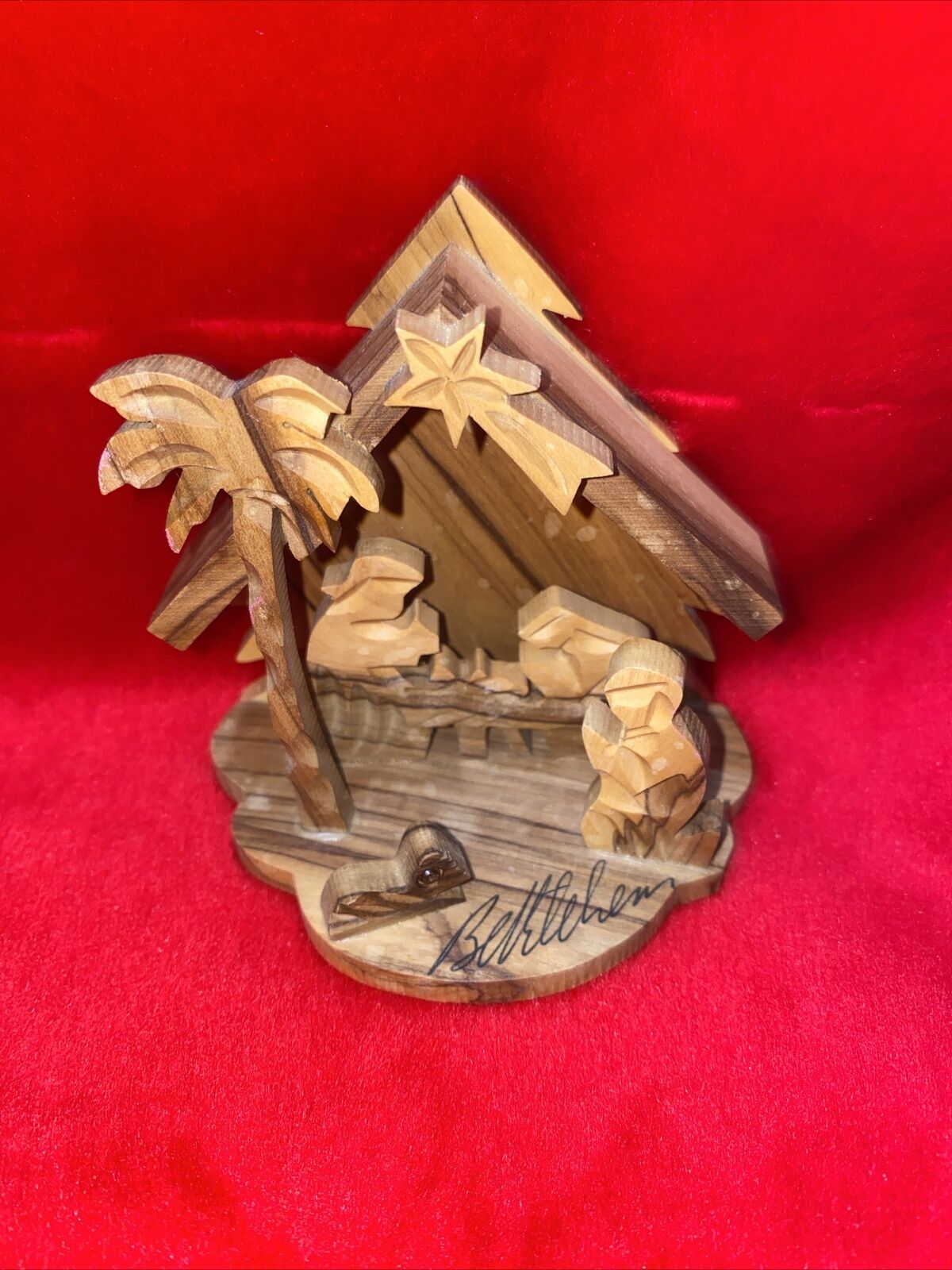 Vintage Handcarved Wooden One Piece Nativity Scene, Palm Tree, Animals, People 