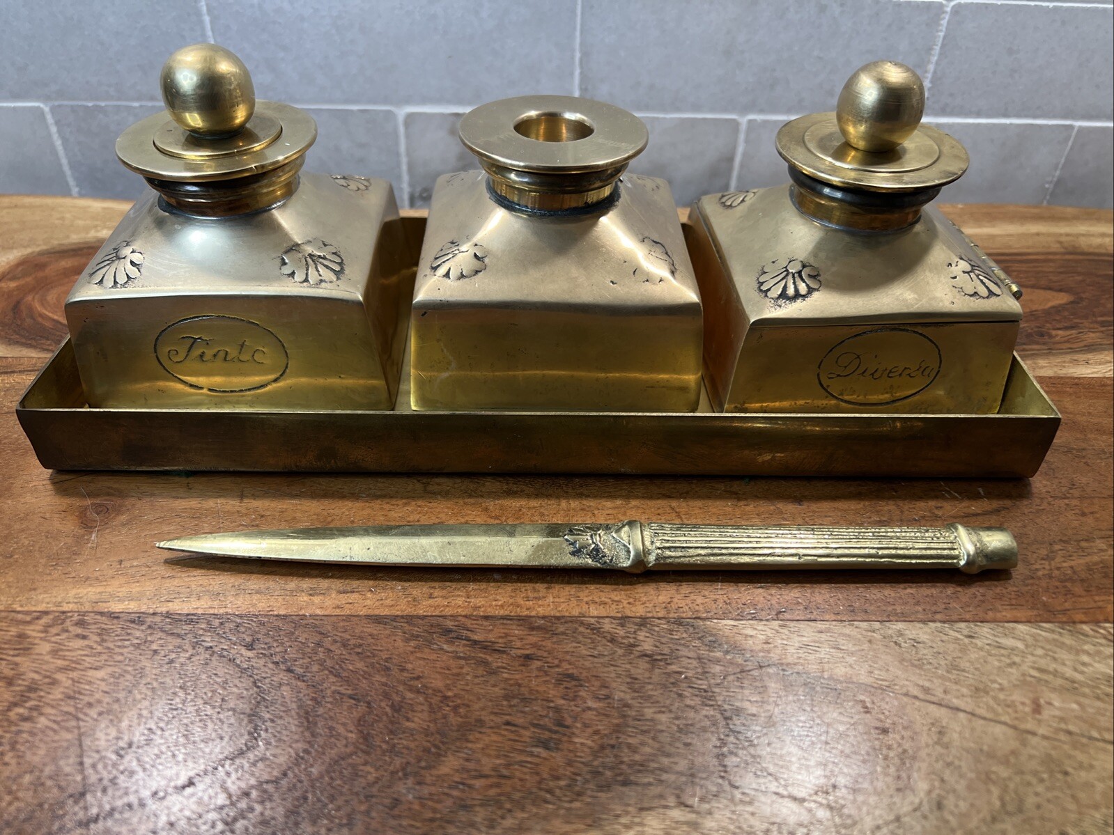 Brass Ink Well Set with Tray And Letter Opener Brass Ink Well Set with Tray And Letter Opener