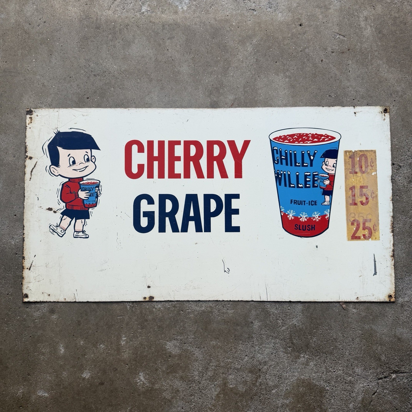 VINTAGE CHILLY WILLEE Metal Sign Double Sided 15”x28” Cherry Grape VINTAGE CHILLY WILLEE Metal Sign Double Sided 15”x28” Cherry Grape