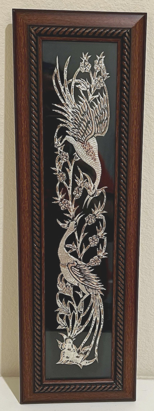 Vintage Middle Eastern Etched Copper Birds Trees Flower Wall Art Wooden Frame Vintage Middle Eastern Etched Copper Birds Trees Flower Wall Art Wooden Frame