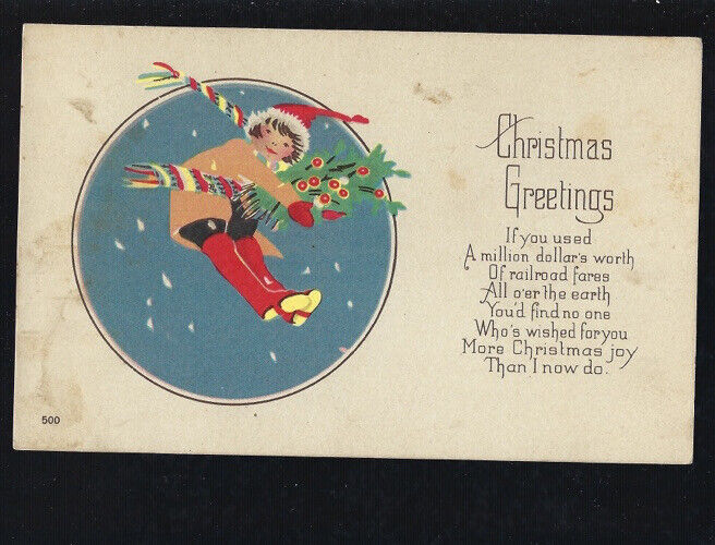 c.1900s Christmas Greetings Girl Hugging Mistletoe Postcard UNPOSTED