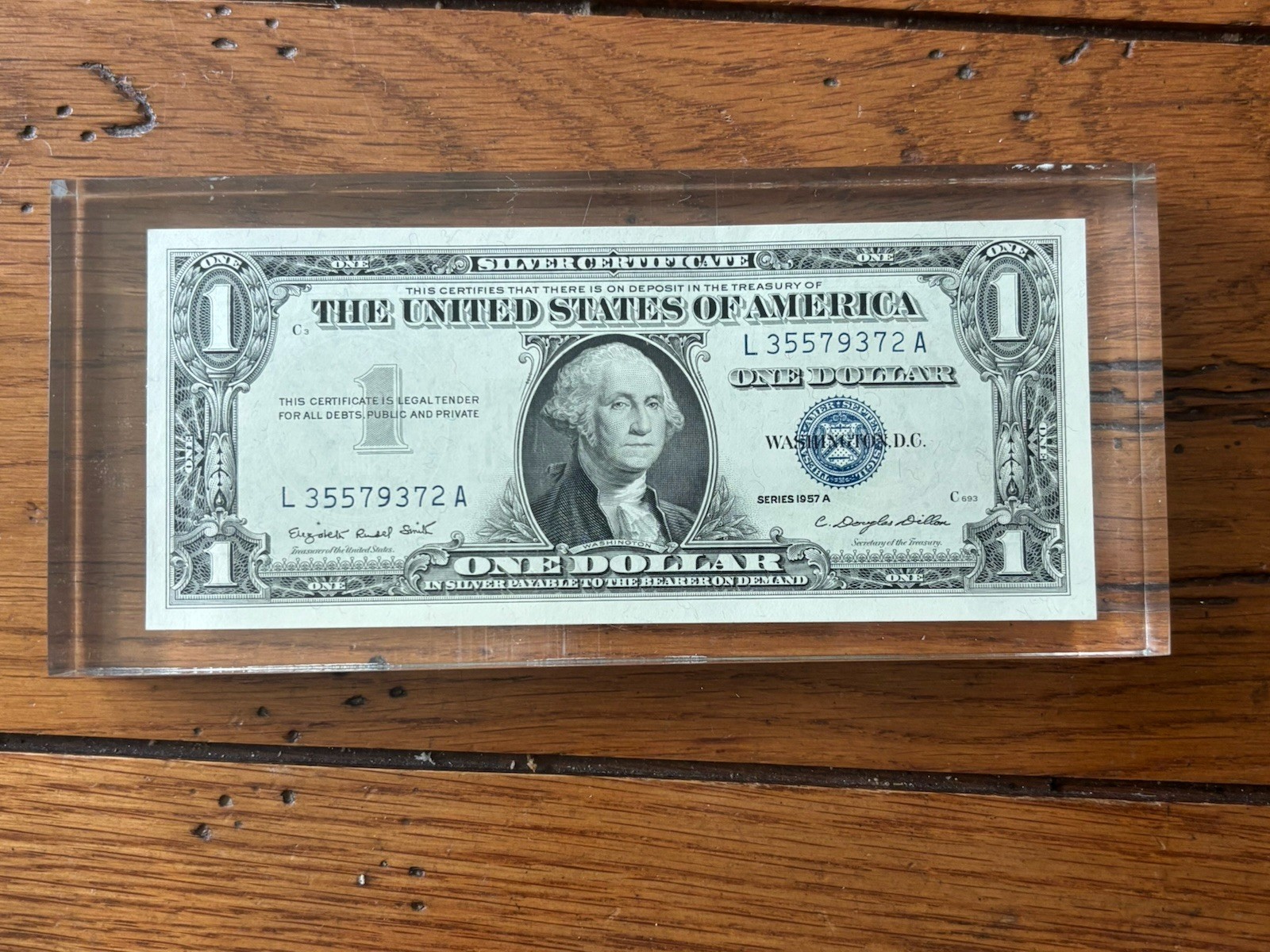 Vintage 1957 A $1 US Silver Certificate One Dollar ACRYLIC PAPER WEIGHT Vintage 1957 A $1 US Silver Certificate One Dollar ACRYLIC PAPER WEIGHT
