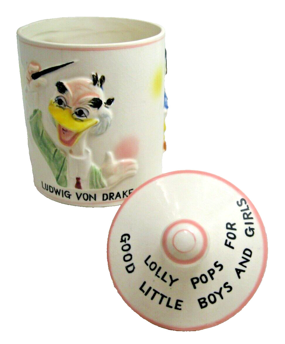 1961 Disney Lolly Pop Jar Mickey Mouse Donald Duck Von Drake paper label Pink Tr