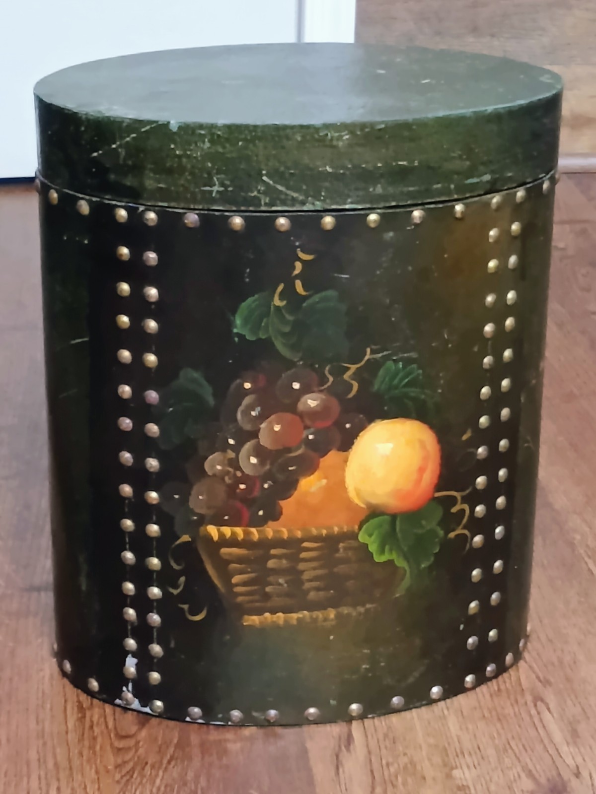 Vintage 1940 English Hand Painted Wood Waste Basket Fruit Brass Nailhead Studded Vintage 1940 English Hand Painted Wood Waste Basket Fruit Brass Nailhead Studded