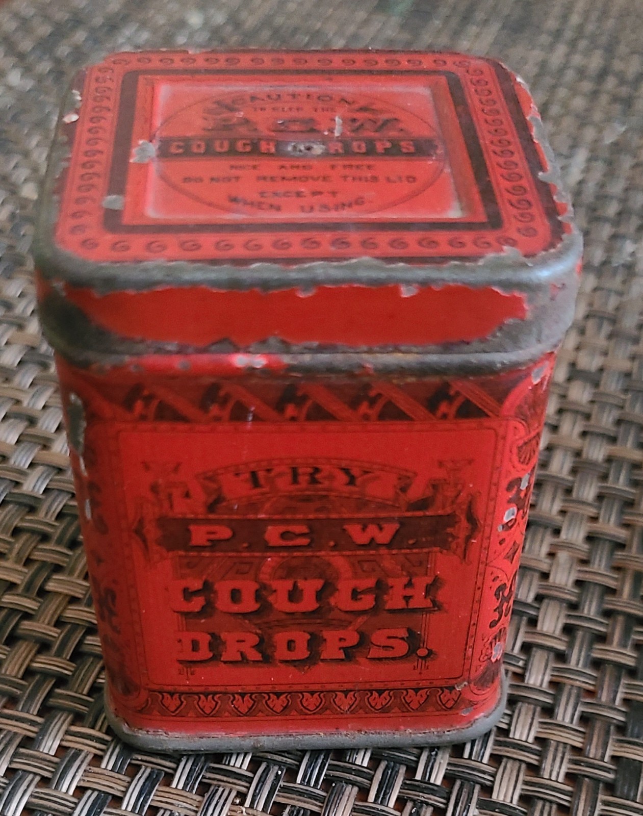 Antique Tin Can PCW Cough Drops P. C. Wiest Co, York PA, Patent Medicine pre1900