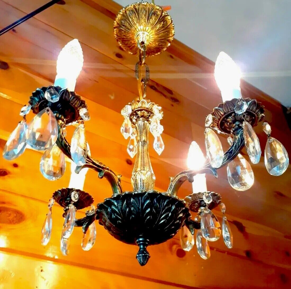Antique/Vtg 1930's-50's Victorian Spanish/French Brass Crystal Chandelier Light 
