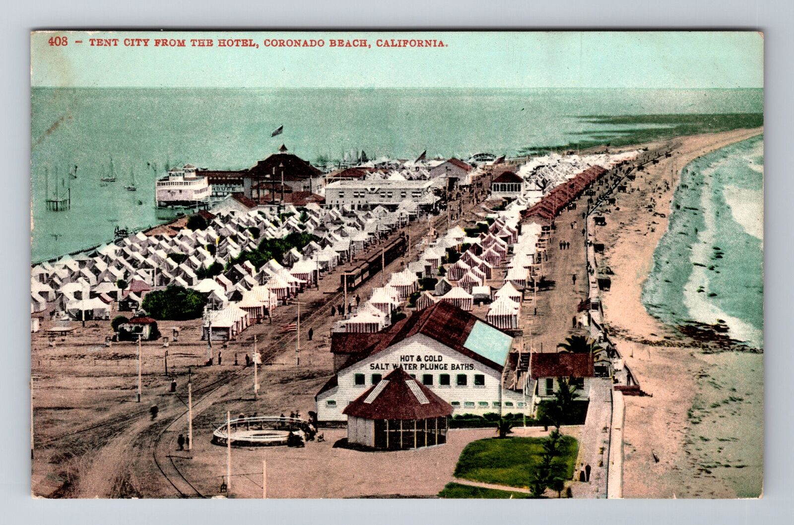 Coronado Beach CA-California, Tent City and Pier, Antique Vintage Postcard