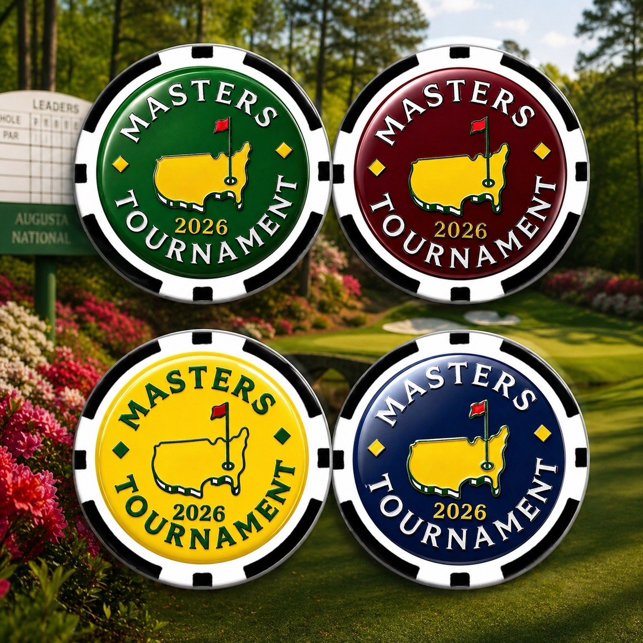 (4) FOUR 2026 MASTERS COMMEMORATIVE POKER CHIPS/BALL MARKERS - FOUR CHIPS (4) (4) FOUR 2026 MASTERS COMMEMORATIVE POKER CHIPS/BALL MARKERS - FOUR CHIPS (4)
