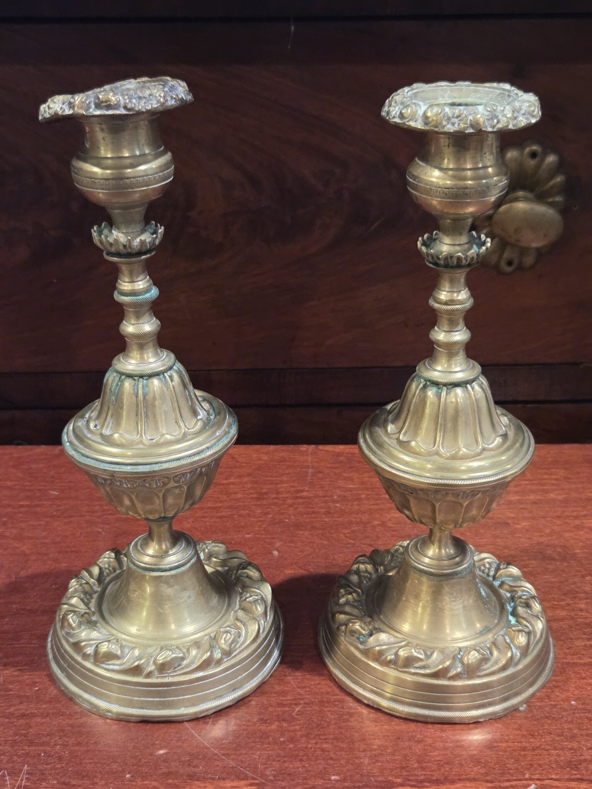 Antique 19thC French Empire Brass Candlesticks Pair Removable Bobeches Heavy 