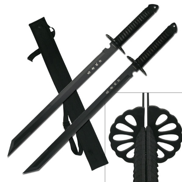 28" 2PC Full Tang Ninja Twin Bladed Swords-Inscription Blades & Shoulder Strap