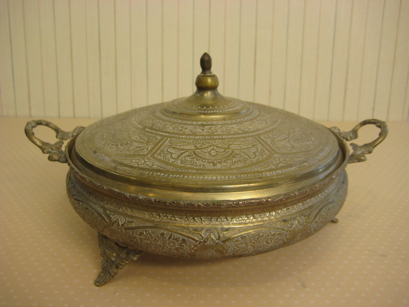 Vintage Middle East India Detail Hand Chased Brass Covered Footed Chafing Dish