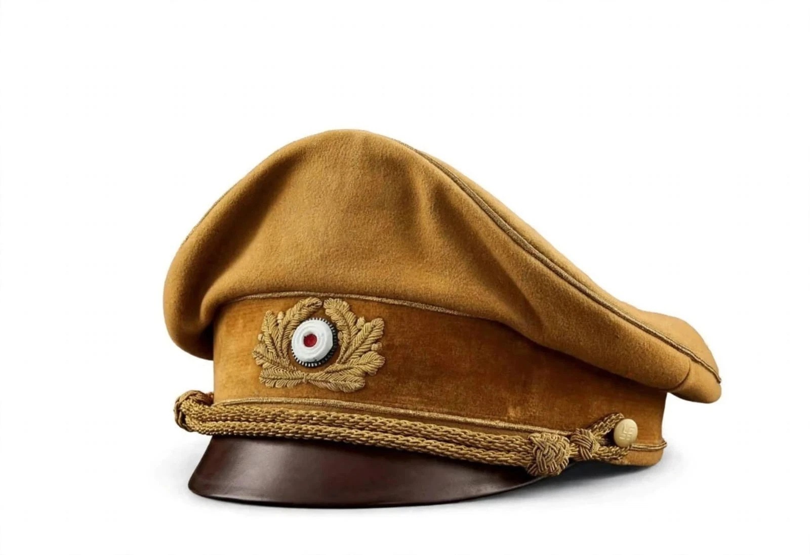 WW2 German Brown Wool Peaked Visor Cap Gold Cord 1930s Style Reproduction Hat WW2 German Brown Wool Peaked Visor Cap Gold Cord 1930s Style Reproduction Hat
