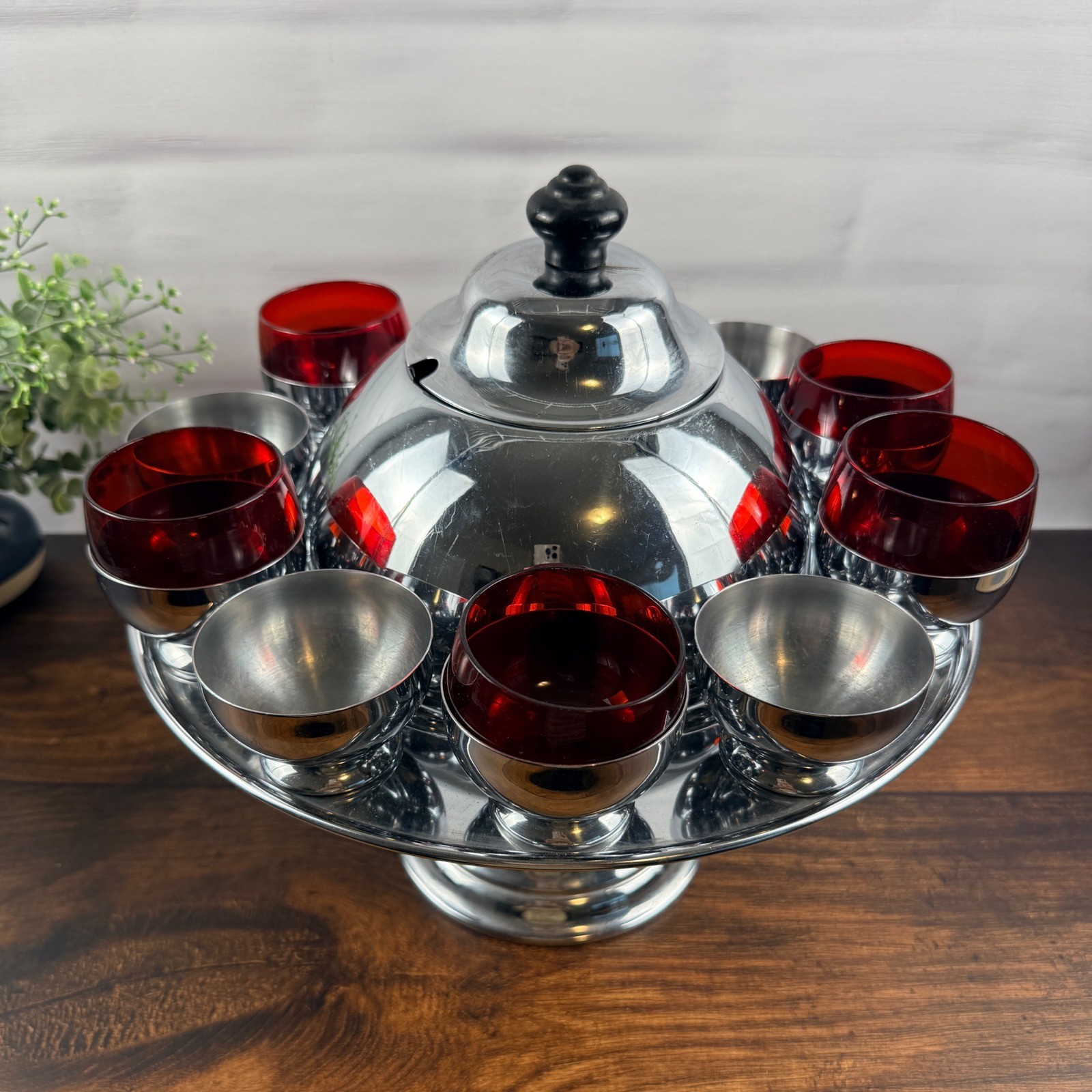 Chase USA Saturn Punch Bowl Set Ruby Glass Mid Century Barware Chase USA Saturn Punch Bowl Set Ruby Glass Mid Century Barware