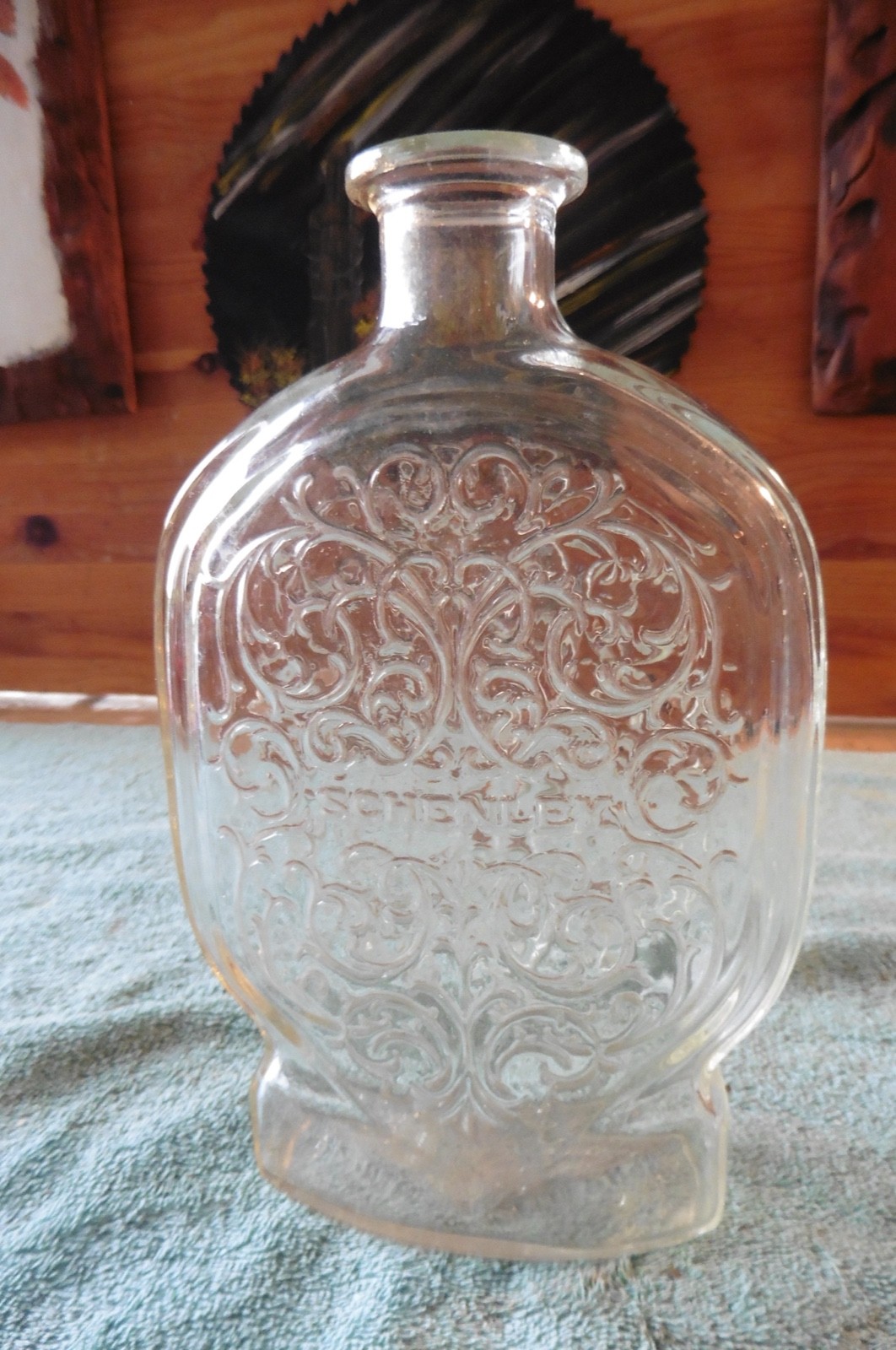 VTG Schenley Clear Embossed Glass Oval Shaped Bottle/Decanter NO Stopper 9" Tall