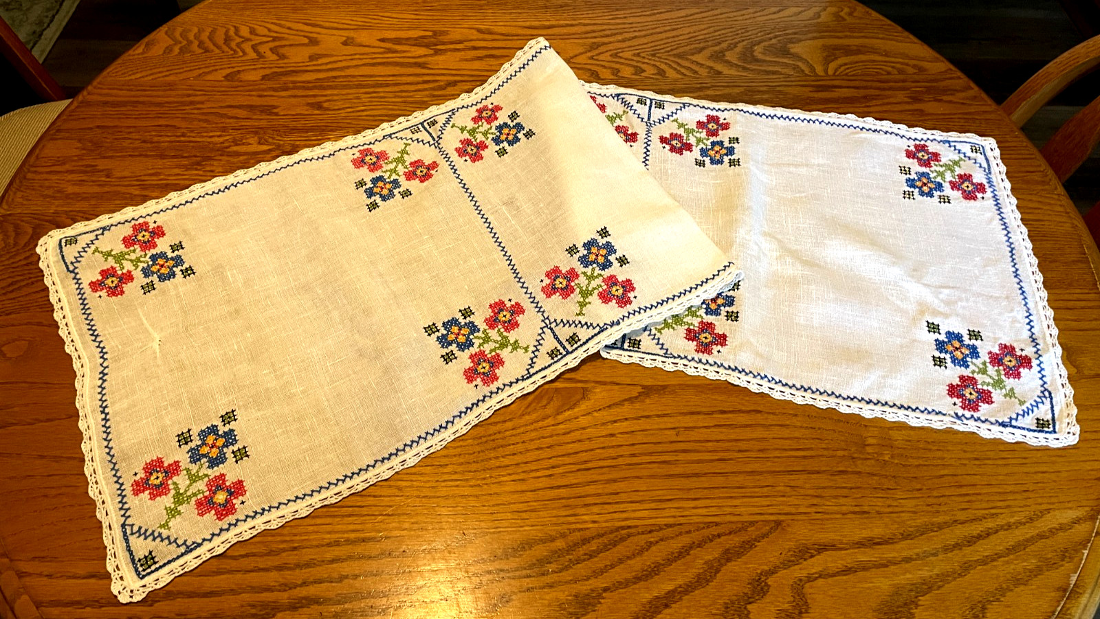 Sale VTG Table Runner Dresser Scarf Blue & Pink Cross Stitch 14"X22" Repair EUC Sale VTG Table Runner Dresser Scarf Blue & Pink Cross Stitch 14"X22" Repair EUC